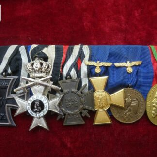 Barrette 6 médailles : croix de fer deuxième classe, Ehrenkreuz, Croix du mérite militaire bavarois avec glaives et couronne deuxième classe, médaille 25 ans de service Wehrmacht, - militaria allemand