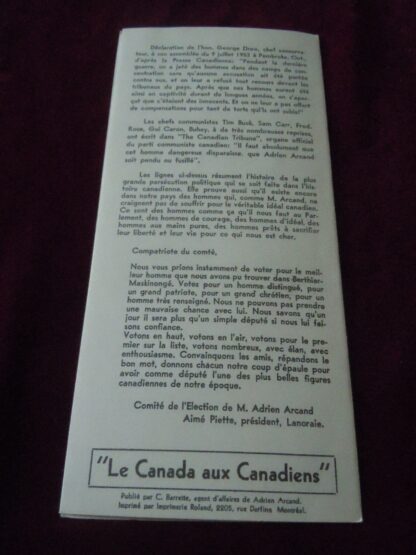 dépliant campagne élection législative 1953 Adrien Arcand – Image 3